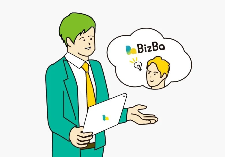 タブレットを持った男性が身振り手振り話しているイラスト画像